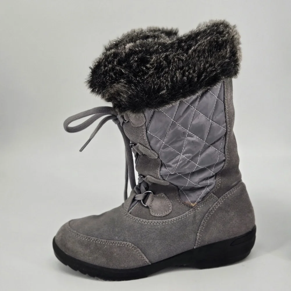 Lands' End Grey Suede Quilted Faux Fur Winter Snow Boots Comfort Shoes 6 VGUC